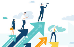 Successful businessman standing on the arrow, which pointing up