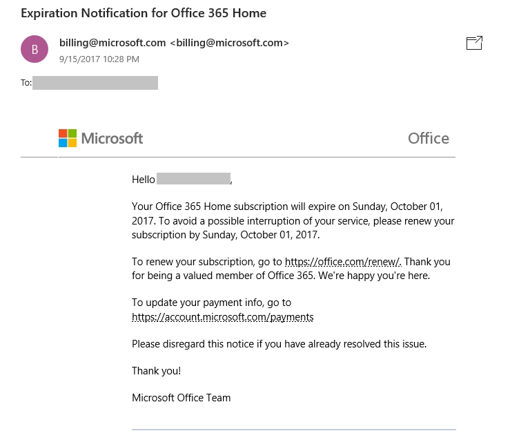Microsoft Recurring Billing Email