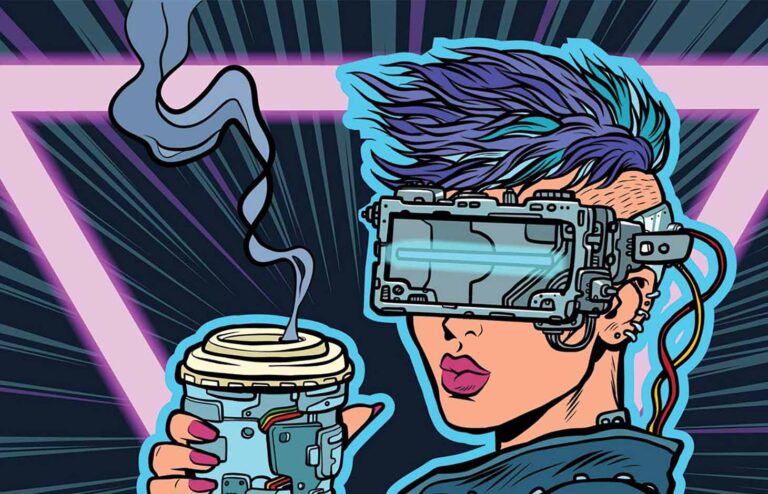 cyberwoman drinks drink. virtual reality glasses
