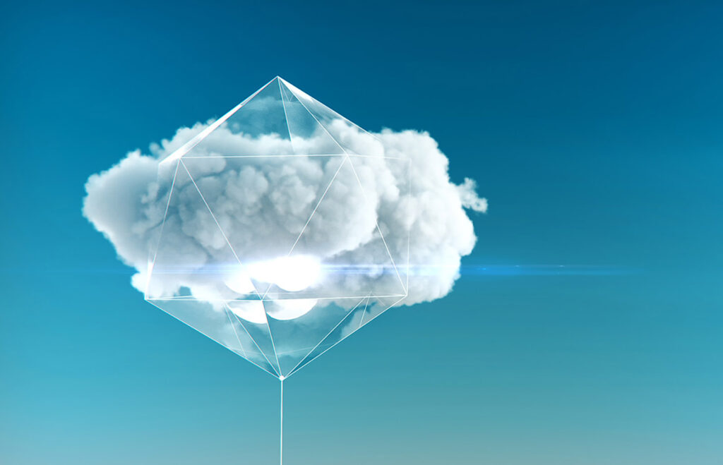 cloud enclosed in a crystal structure with luminous faces and gl