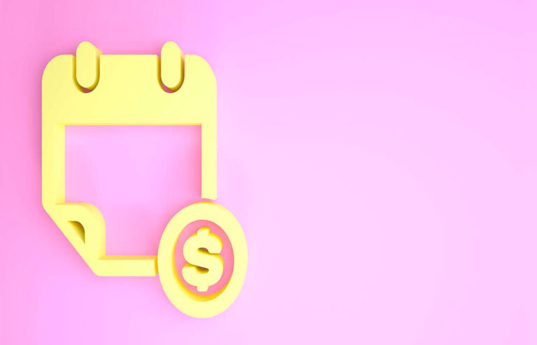 Yellow Financial calendar icon isolated on pink background. Annu