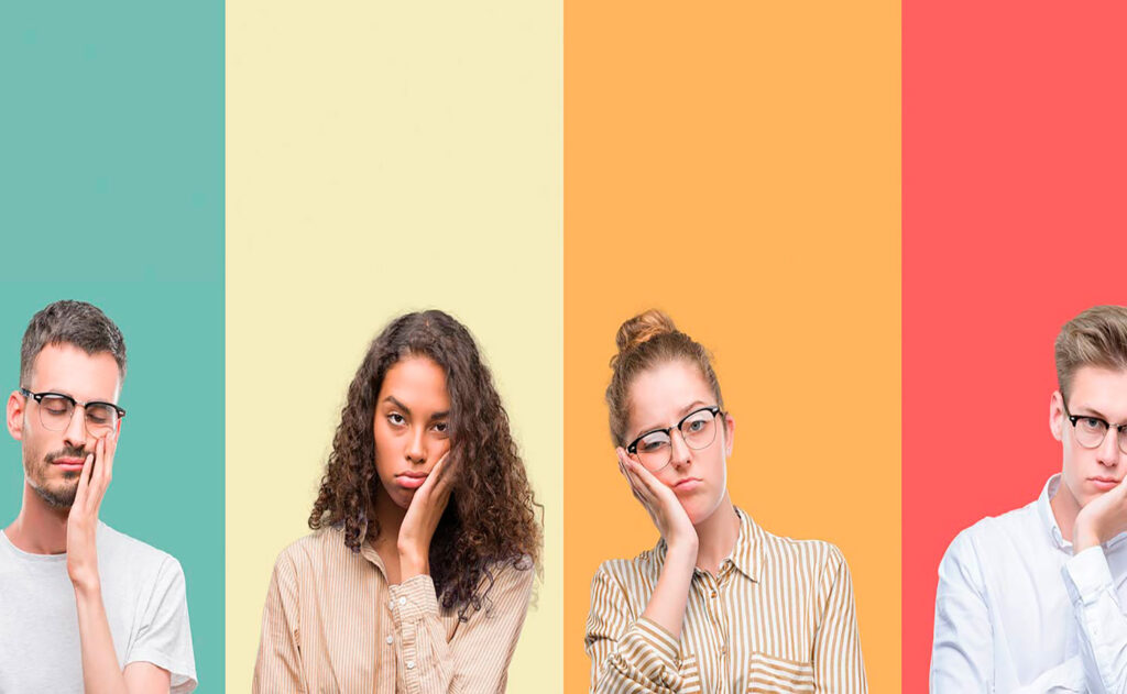 Collage of a group of people isolated over colorful background t