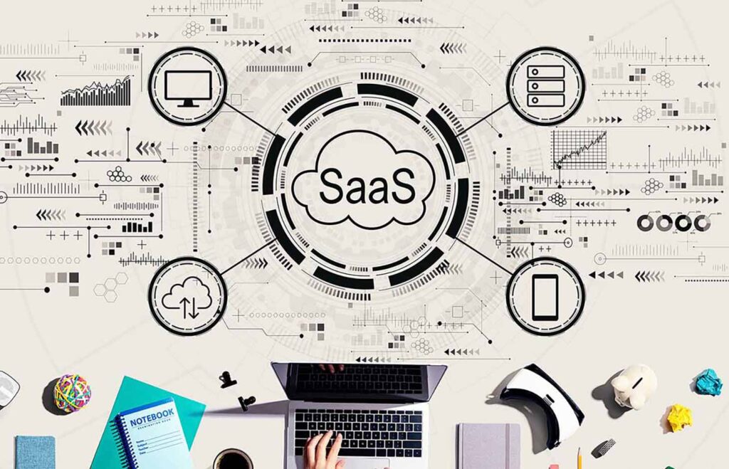 SaaS – software as a service concept with person using a laptop