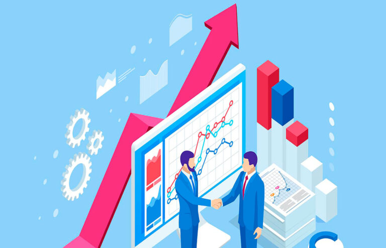 Isometric business-to-business sales. Businessmen shaking hands.