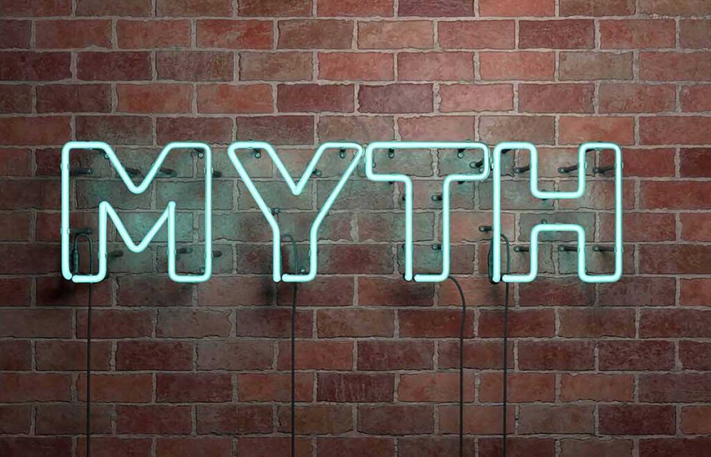 MYTH – fluorescent Neon tube Sign on brickwork – Front view – 3D